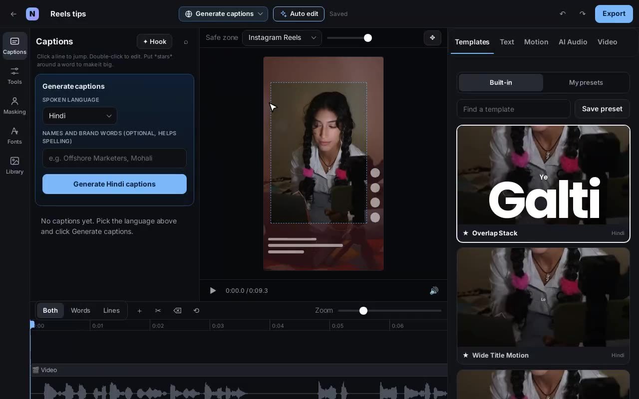 The GetNixa caption editor with Hindi captions, video preview and templates panel